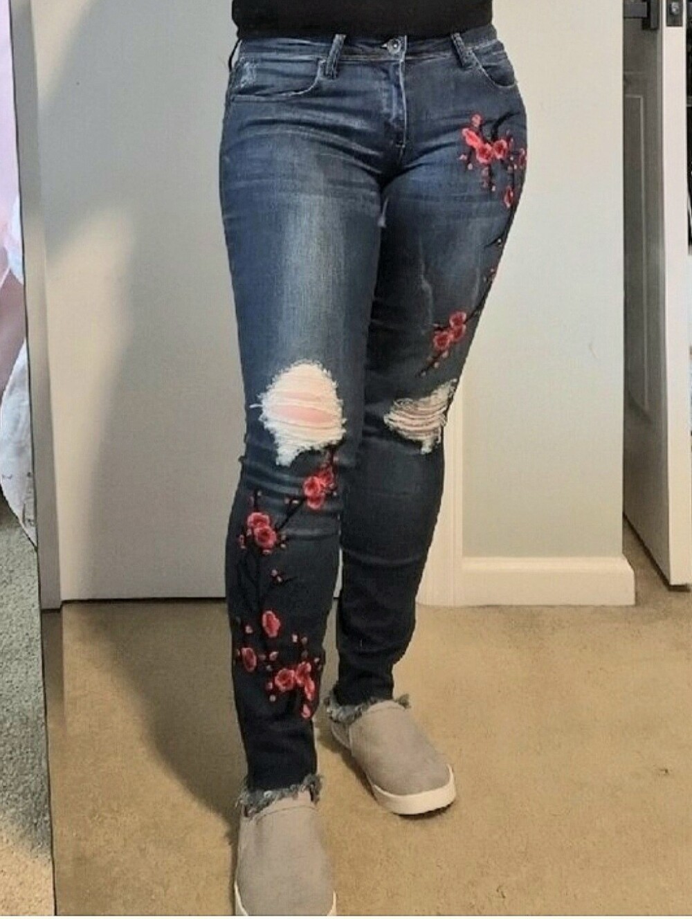 Tractr Dark Blue Skinny Jeans with Red Floral Embroidery